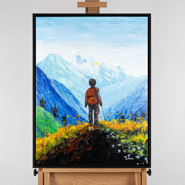 Leinwandbild handgemalt mit Acrylfarbe und Strukturpaste im Hochformat, Die Reise, 120x160 mit Bilderrahmen in Eiche Dunkel