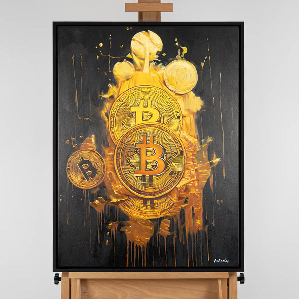 Leinwandbild handgemalt mit Acrylfarbe und Strukturpaste im Hochformat, Goldene Illusionen, 120x160 mit Bilderrahmen in Eiche Dunkel