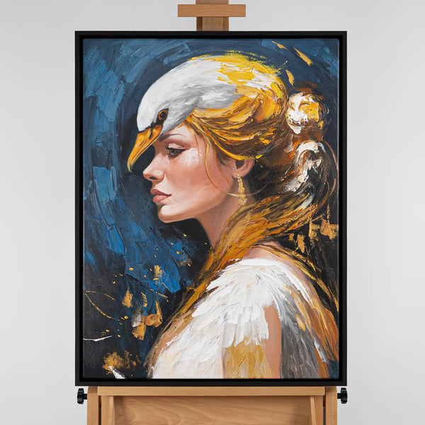 Leinwandbild handgemalt mit Acrylfarbe und Strukturpaste im Hochformat, Schwanenkoenigin, 120x160 mit Bilderrahmen in Eiche Dunkel