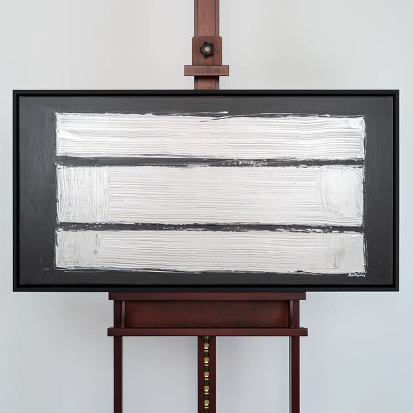 Leinwandbild handgemalt Gemälde mit Acrylfarbe und Strukturpaste im Panorama, Reflexion, 160x80 mit Bilderrahmen in Eiche Dunkel