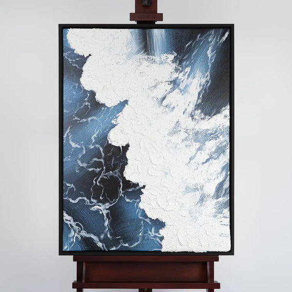 Leinwandbild handgemalt mit Acrylfarbe und Strukturpaste im Hochformat, Wellen des Seins, 120x160 mit Bilderrahmen in Eiche Dunkel