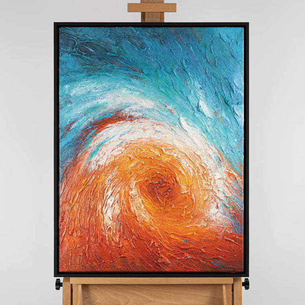 Leinwandbild handgemalt mit Acrylfarbe und Strukturpaste im Hochformat, Im Wirbel der Zeit, 120x160 mit Bilderrahmen in Eiche Dunkel