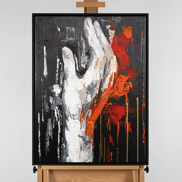 Leinwandbild handgemalt mit Acrylfarbe und Strukturpaste im Hochformat, Flamme des Willens, 120x160 mit Bilderrahmen in Eiche Dunkel