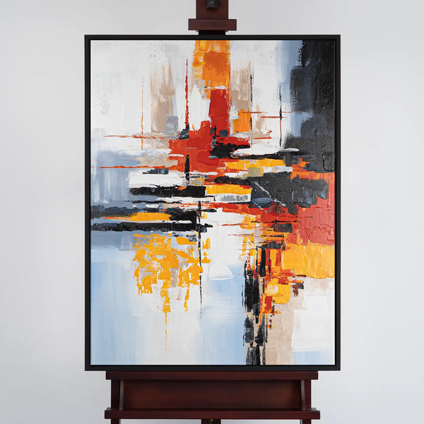 Leinwandbild handgemalt mit Acrylfarbe und Strukturpaste im Hochformat, Fragilitaet des Augenblicks, 120x160 mit Bilderrahmen in Eiche Dunkel