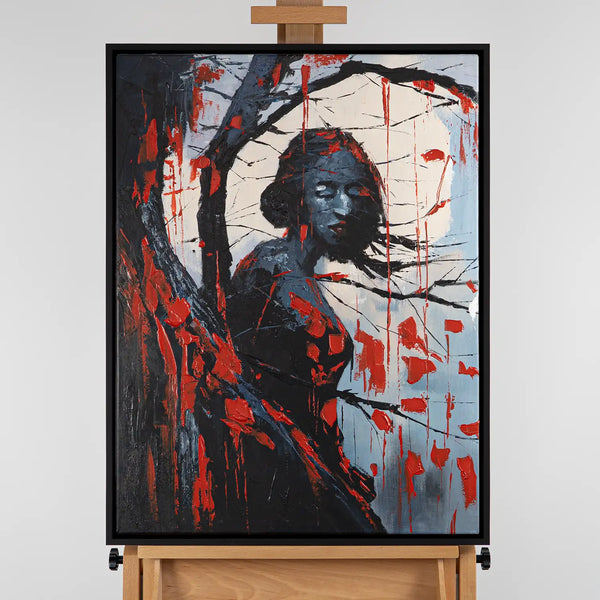 Leinwandbild handgemalt mit Acrylfarbe und Strukturpaste im Hochformat, Schwarze Phytomorphe, 120x160 mit Bilderrahmen in Eiche Dunkel