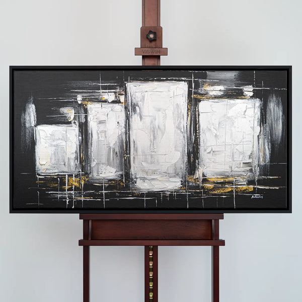 Leinwandbild handgemalt Gemälde mit Acrylfarbe und Strukturpaste im Panorama, Dunkle Eleganz, 160x80 mit Bilderrahmen in Eiche Dunkel