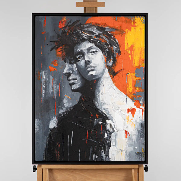 Leinwandbild handgemalt mit Acrylfarbe und Strukturpaste im Hochformat, Romulus and Remus, 120x160 mit Bilderrahmen in Eiche Dunkel