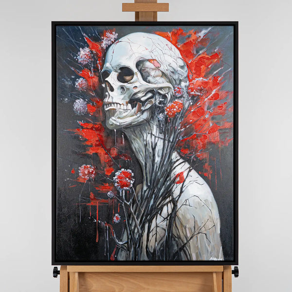 Leinwandbild handgemalt mit Acrylfarbe und Strukturpaste im Hochformat, Wo das Fleisch verstummt, 120x160 mit Bilderrahmen in Eiche Dunkel