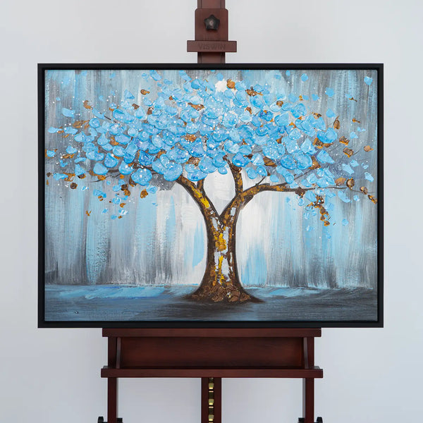 Leinwandbild handgemalt mit Acrylfarbe und Strukturpaste, Baum der Ewigkeit, 120x160 mit Bilderrahmen in Eiche Dunkel