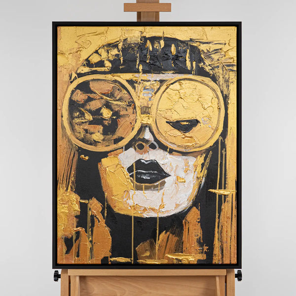 Leinwandbild handgemalt mit Acrylfarbe und Strukturpaste im Hochformat, Die Zukunft traegt Gold, 120x160 mit Bilderrahmen in Eiche Dunkel