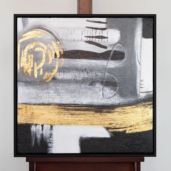 Leinwandbild handgemalt mit Acrylfarbe und Strukturpaste im Quadratisch, Goldenes Jetzt, 120x120 mit Bilderrahmen in Eiche Dunkel