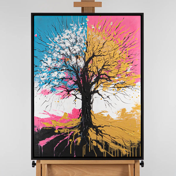 Leinwandbild handgemalt mit Acrylfarbe und Strukturpaste im Hochformat, Chromatischer Wipfel, 120x160 mit Bilderrahmen in Eiche Dunkel