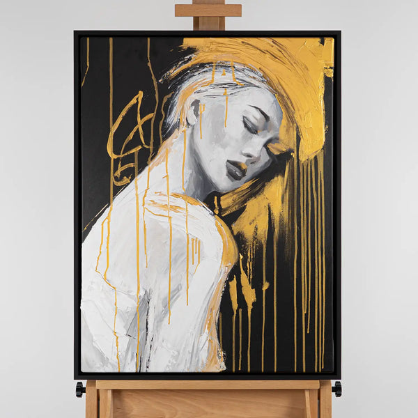 Leinwandbild handgemalt mit Acrylfarbe und Strukturpaste im Hochformat, Das goldene Schweigen, 120x160 mit Bilderrahmen in Eiche Dunkel