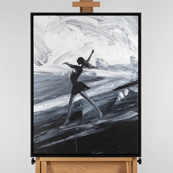 Leinwandbild handgemalt mit Acrylfarbe und Strukturpaste im Hochformat, Die Taenzerin, 120x160 mit Bilderrahmen in Eiche Dunkel