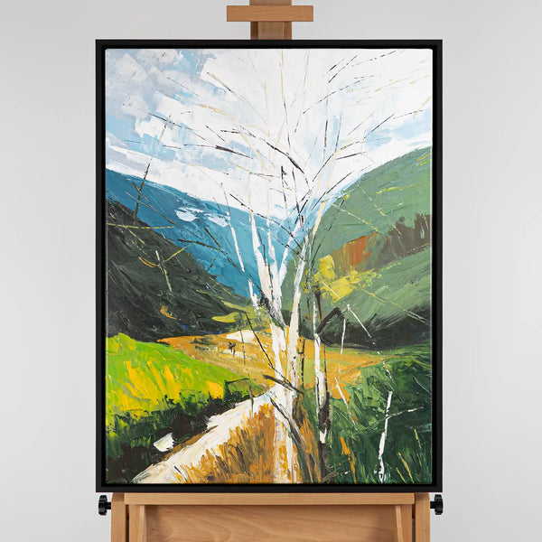 Leinwandbild handgemalt mit Acrylfarbe und Strukturpaste im Hochformat, fruehlingserwachen, 120x160 mit Bilderrahmen in Eiche Dunkel