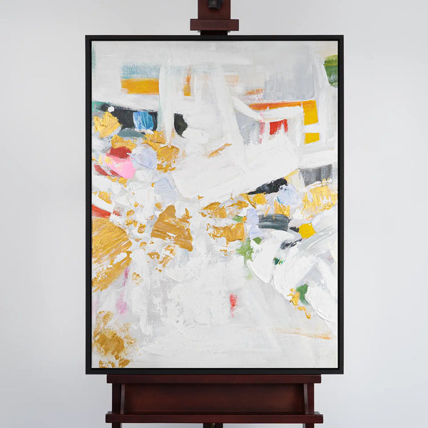 Leinwandbild handgemalt mit Acrylfarbe und Strukturpaste im Hochformat, Fragmente der Wahrheit, 120x160 mit Bilderrahmen in Eiche Dunkel