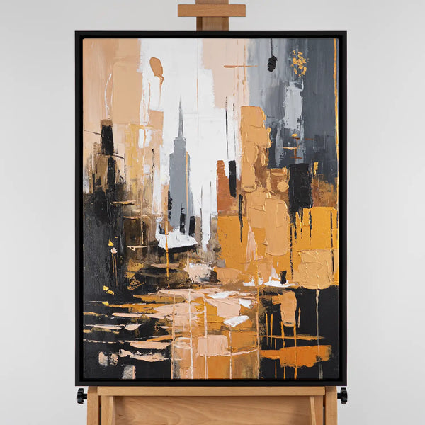 Leinwandbild handgemalt mit Acrylfarbe und Strukturpaste im Hochformat, Skyscraper, 120x160 mit Bilderrahmen in Eiche Dunkel