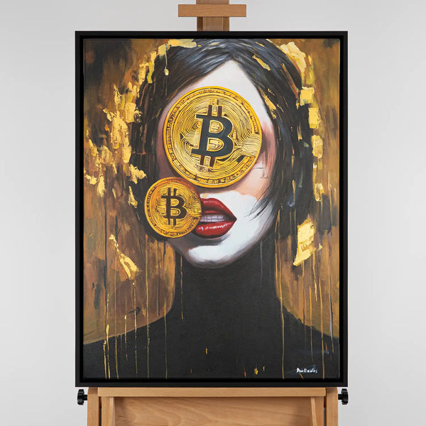 Leinwandbild handgemalt mit Acrylfarbe und Strukturpaste im Hochformat, Der Schleier des Reichtums, 120x160 mit Bilderrahmen in Eiche Dunkel