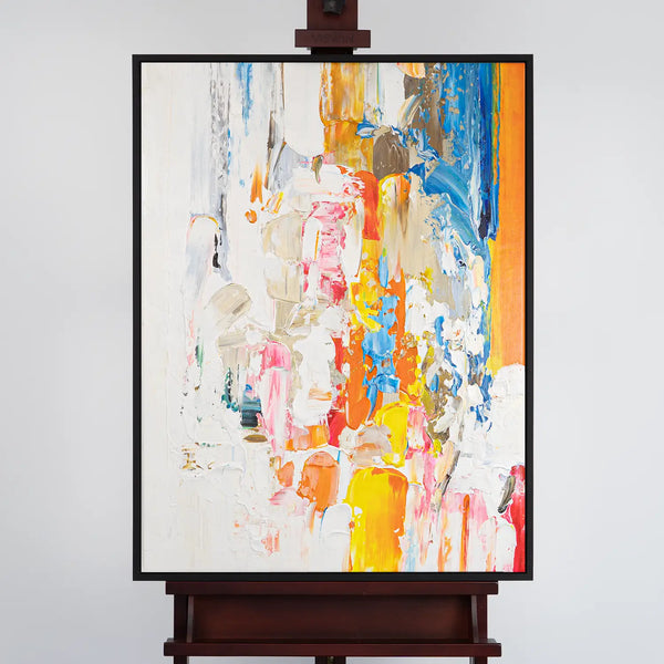 Leinwandbild handgemalt mit Acrylfarbe und Strukturpaste im Hochformat, Fluss der Gedanken, 120x160 mit Bilderrahmen in Eiche Dunkel