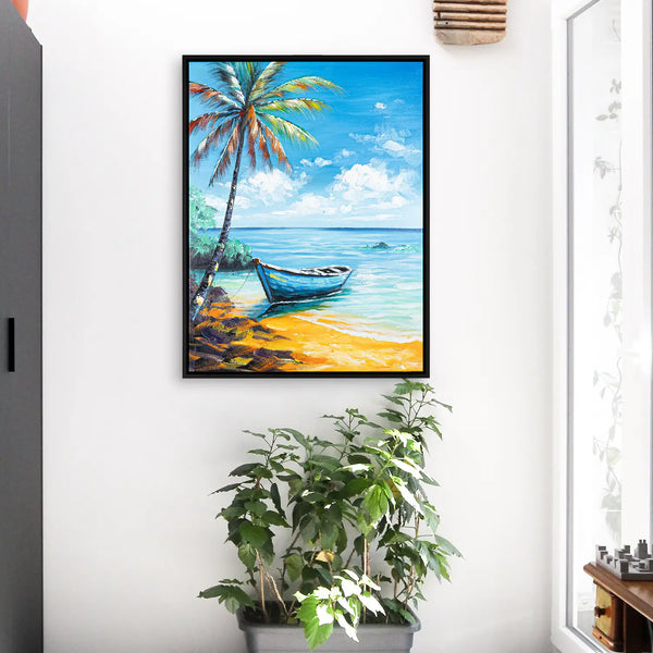 Leinwandbild handgemalt mit Acrylfarbe und Strukturpaste im Hochformat, Flucht in die Stille, 120x160 mit Bilderrahmen in Eiche Hell