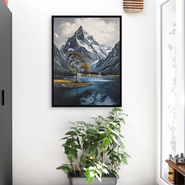 Leinwandbild handgemalt mit Acrylfarbe und Strukturpaste im Hochformat, Zwischen Berg und See, 120x160 mit Bilderrahmen in Eiche Hell
