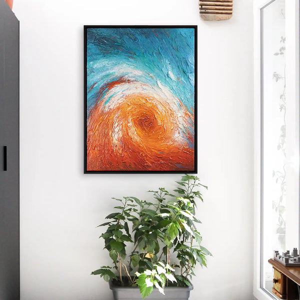 Leinwandbild handgemalt mit Acrylfarbe und Strukturpaste im Hochformat, Im Wirbel der Zeit, 120x160 mit Bilderrahmen in Eiche Hell