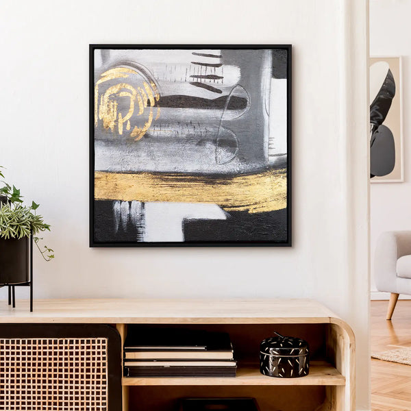 Leinwandbild handgemalt mit Acrylfarbe und Strukturpaste im Quadratisch, Goldenes Jetzt, 120x120 mit Bilderrahmen in Eiche Hell