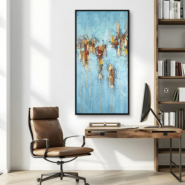 Leinwandbild handgemalt Gemälde mit Acrylfarbe und Strukturpaste im Hochformat, Zeitlose Seele, 80x160 mit Bilderrahmen in Eiche Hell