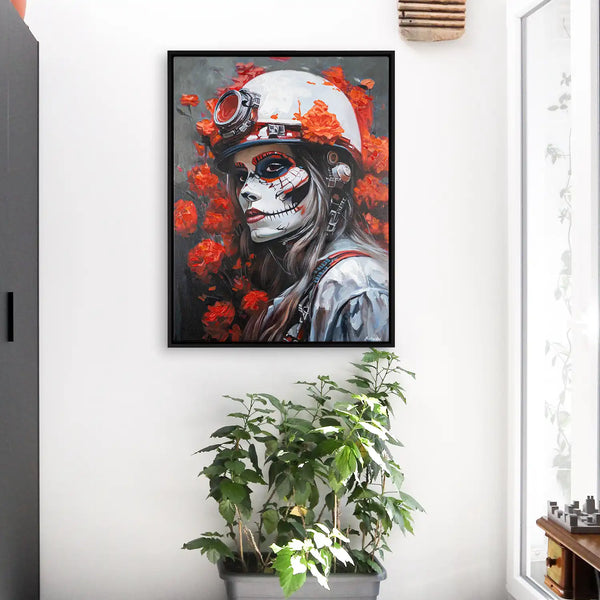 Leinwandbild handgemalt mit Acrylfarbe und Strukturpaste im Hochformat, Bluete der Schattenkriegerin, 120x160 mit Bilderrahmen in Eiche Hell