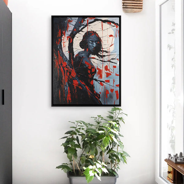 Leinwandbild handgemalt mit Acrylfarbe und Strukturpaste im Hochformat, Schwarze Phytomorphe, 120x160 mit Bilderrahmen in Eiche Hell