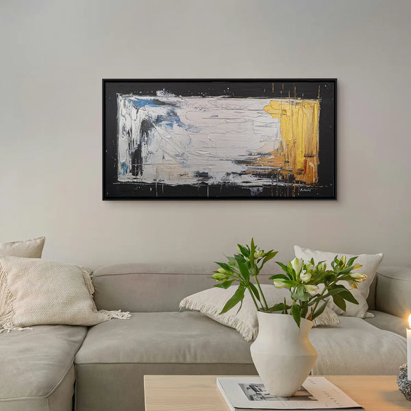 Leinwandbild handgemalt Gemälde mit Acrylfarbe und Strukturpaste im Panorama, Verschmelzen der Elemente, 160x80 mit Bilderrahmen in Eiche Hell