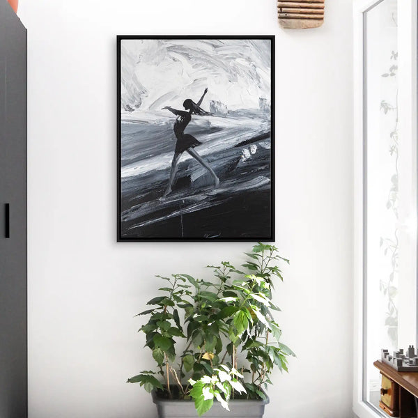 Leinwandbild handgemalt mit Acrylfarbe und Strukturpaste im Hochformat, Die Taenzerin, 120x160 mit Bilderrahmen in Eiche Hell