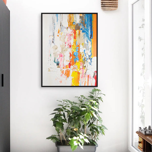 Leinwandbild handgemalt mit Acrylfarbe und Strukturpaste im Hochformat, Fluss der Gedanken, 120x160 mit Bilderrahmen in Eiche Hell