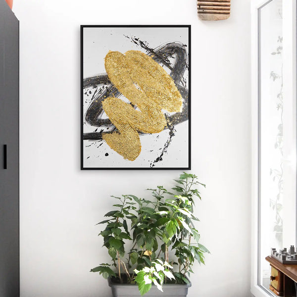 Leinwandbild handgemalt mit Acrylfarbe und Strukturpaste im Hochformat, Harmonie des Unbekannten, 120x160 mit Bilderrahmen in Eiche Hell