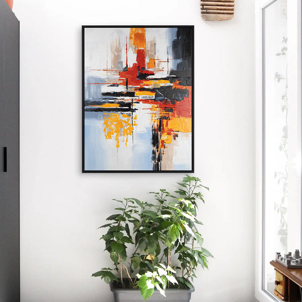 Leinwandbild handgemalt mit Acrylfarbe und Strukturpaste im Hochformat, Fragilitaet des Augenblicks, 120x160 mit Bilderrahmen in Eiche Hell