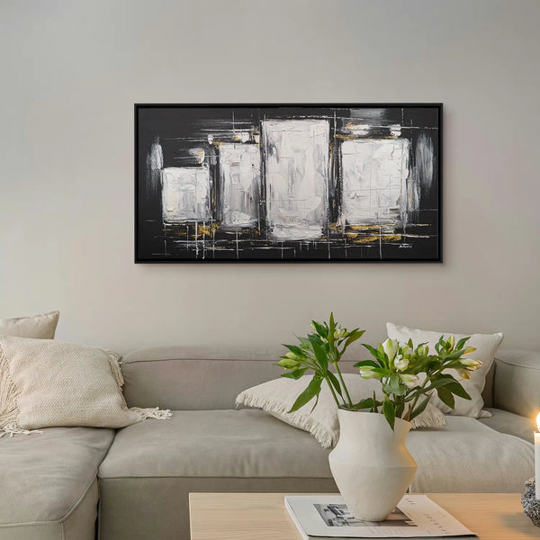 Leinwandbild handgemalt Gemälde mit Acrylfarbe und Strukturpaste im Panorama, Dunkle Eleganz, 160x80 mit Bilderrahmen in Eiche Hell