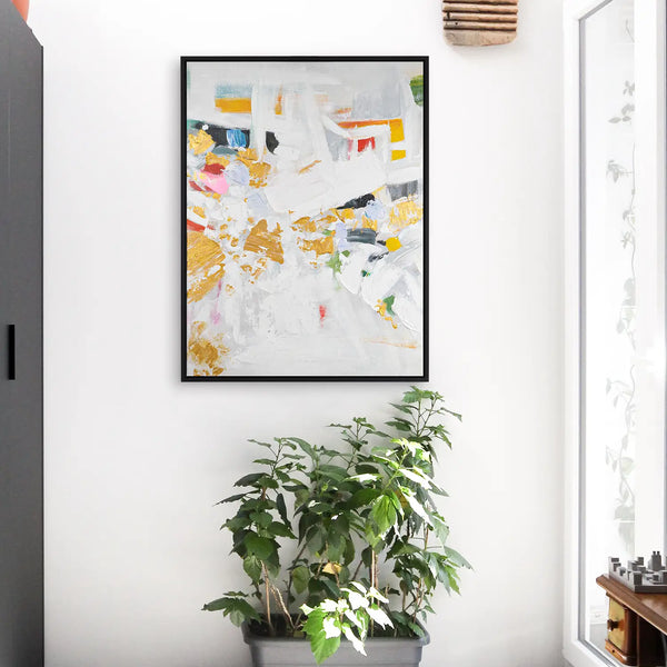 Leinwandbild handgemalt mit Acrylfarbe und Strukturpaste im Hochformat, Fragmente der Wahrheit, 120x160 mit Bilderrahmen in Eiche Hell