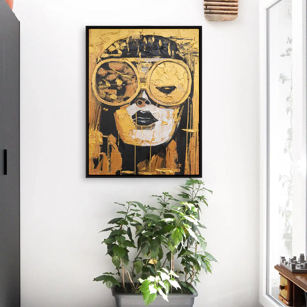 Leinwandbild handgemalt mit Acrylfarbe und Strukturpaste im Hochformat, Die Zukunft traegt Gold, 120x160 mit Bilderrahmen in Eiche Hell