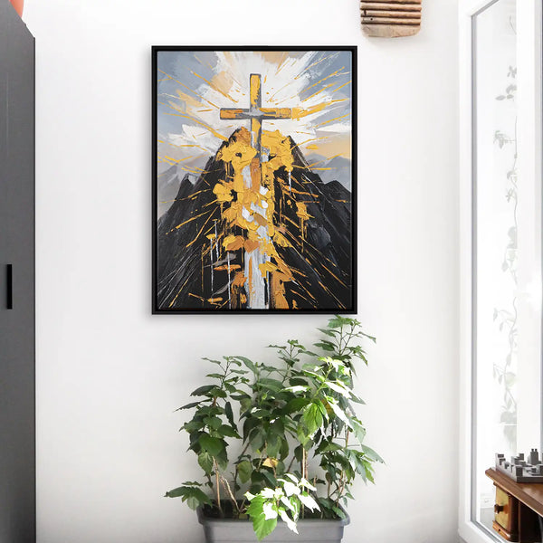 Leinwandbild handgemalt mit Acrylfarbe und Strukturpaste im Hochformat, Berg der Vergebung, 120x160 mit Bilderrahmen in Eiche Hell