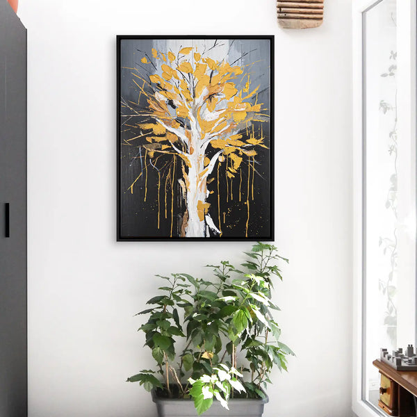 Leinwandbild handgemalt mit Acrylfarbe und Strukturpaste im Hochformat, Golden Leaves, 120x160 mit Bilderrahmen in Eiche Hell