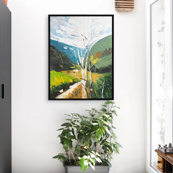 Leinwandbild handgemalt mit Acrylfarbe und Strukturpaste im Hochformat, fruehlingserwachen, 120x160 mit Bilderrahmen in Eiche Hell