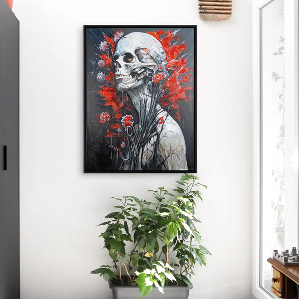 Leinwandbild handgemalt mit Acrylfarbe und Strukturpaste im Hochformat, Wo das Fleisch verstummt, 120x160 mit Bilderrahmen in Eiche Hell