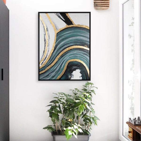 Leinwandbild handgemalt mit Acrylfarbe und Strukturpaste im Hochformat, Schleier der Wahrheit, 120x160 mit Bilderrahmen in Eiche Hell