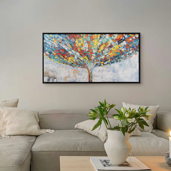 Leinwandbild handgemalt mit Acrylfarbe und Strukturpaste im Panorama, Klang der Stille, 80x160 mit Bilderrahmen in Eiche Hell