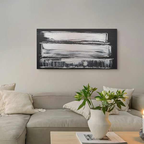 Leinwandbild handgemalt Gemälde mit Acrylfarbe und Strukturpaste im Panorama, Klang des Metalls, 100x50 mit Bilderrahmen in Eiche Dunkel