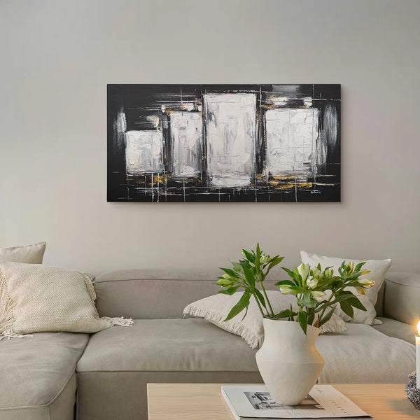 Leinwandbild handgemalt Gemälde mit Acrylfarbe und Strukturpaste im Panorama, Dunkle Eleganz, 100x50 mit Bilderrahmen in Eiche Dunkel