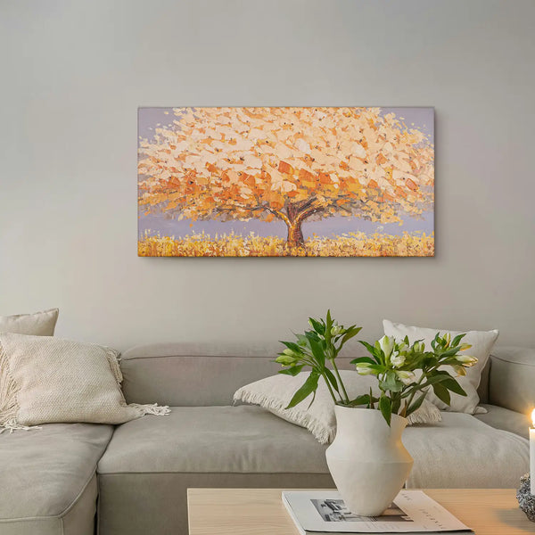 Leinwandbild handgemalt mit Acrylfarbe und Strukturpaste im Panorama, Dualitaet der Natur, 50x100 mit Bilderrahmen in Eiche Dunkel