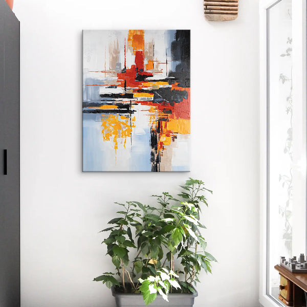 Leinwandbild handgemalt mit Acrylfarbe und Strukturpaste im Hochformat, Fragilitaet des Augenblicks, 60x80 mit Bilderrahmen in Eiche Dunkel