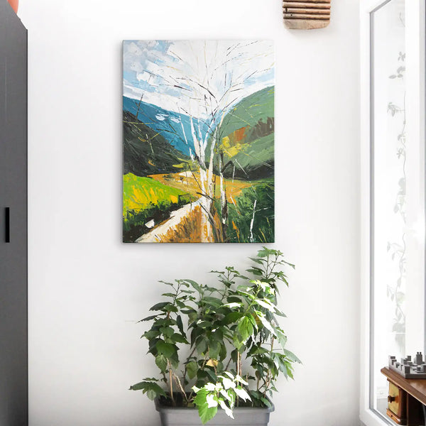 Leinwandbild handgemalt mit Acrylfarbe und Strukturpaste im Hochformat, fruehlingserwachen, 60x80 mit Bilderrahmen in Eiche Dunkel