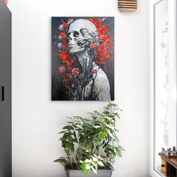 Leinwandbild handgemalt mit Acrylfarbe und Strukturpaste im Hochformat, Wo das Fleisch verstummt, 60x80 mit Bilderrahmen in Eiche Dunkel